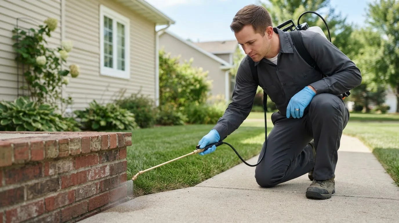 Pest control technician treating a home near Haxtun, CO